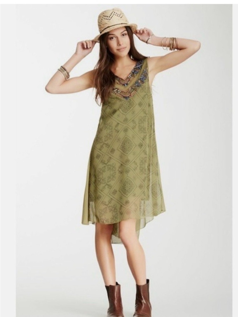 Free People Sage Combo Embellished V-Neck Tunic